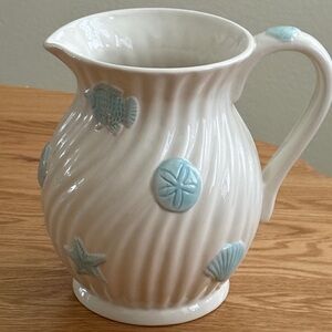 Coastal Ceramic Pitcher with Blue Accents